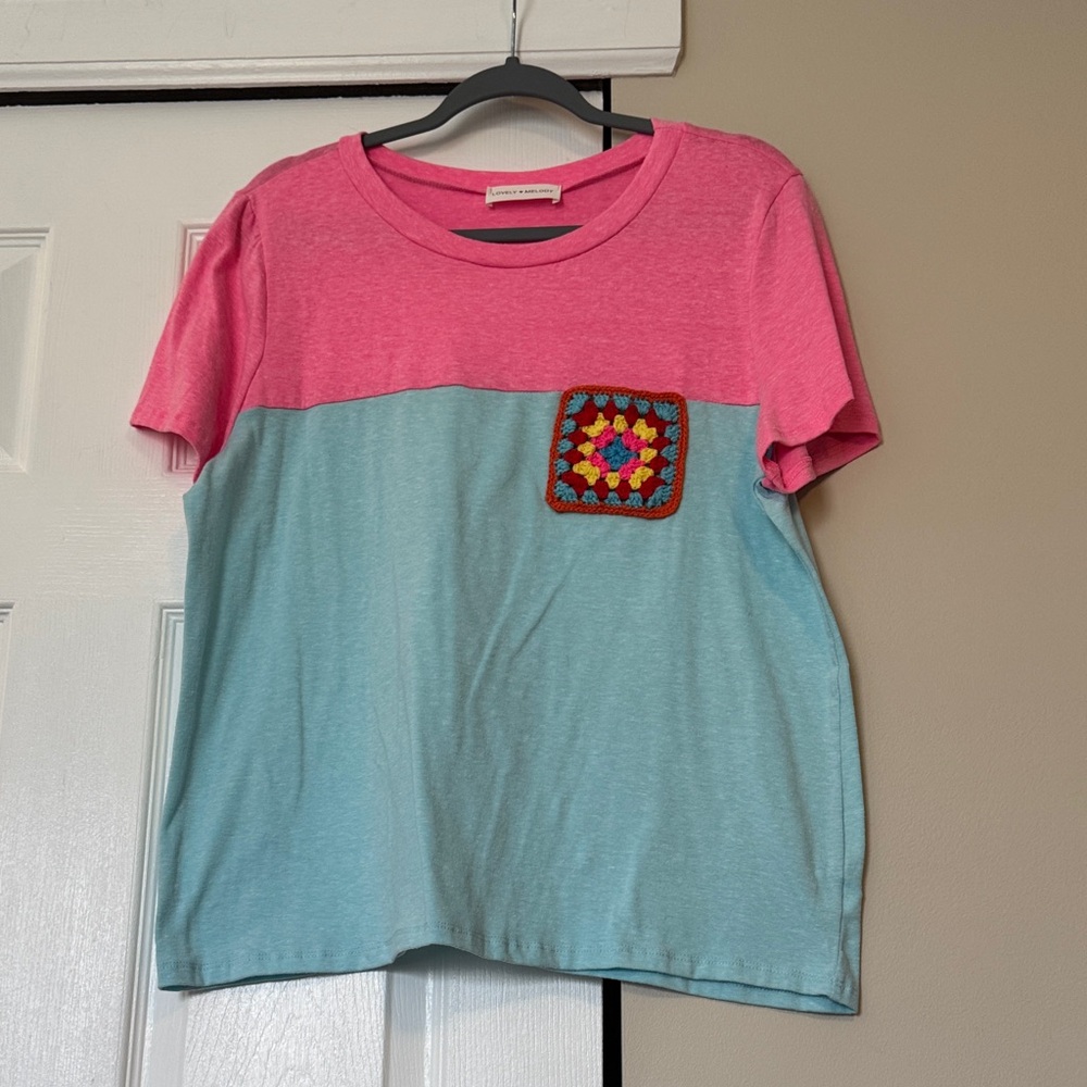 Lovely Melody Pink and Light Blue Colorblock Shirt with Granny Square Acceny
